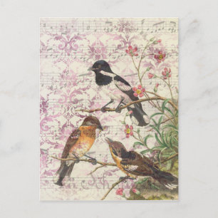 Carte Postale Oiseaux de style vintage sur Branches et Musique