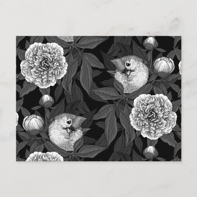 Carte Postale Oiseaux et fleurs de pivoines monochromes, gris (Devant)