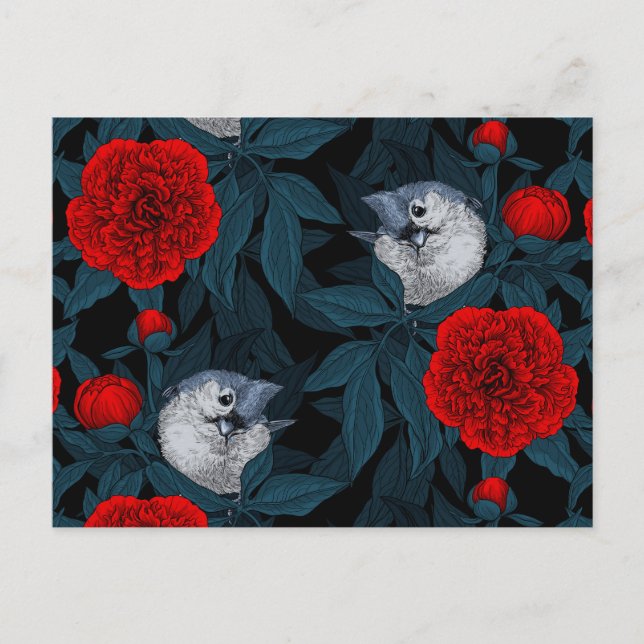 Carte Postale Oiseaux et fleurs de pivoines rouges avec feuilles (Devant)