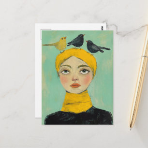 Carte Postale Oiseaux noirs et jaunes sur sa tête