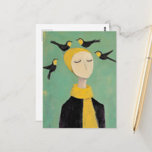 Carte Postale Oiseaux noirs et jaunes sur sa tête, peinture fant