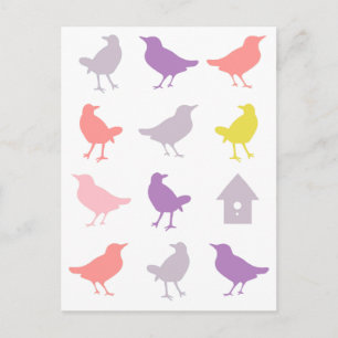 Carte Postale Oiseaux pastel rose et violet avec Birdhouse