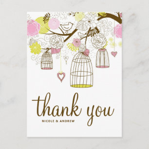 Carte Postale Oiseaux roses et jaunes Lovebirds Merci