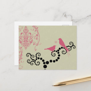 Carte Postale Oiseaux Roses, Oiseaux Sur L'Arbre, Points, Coeurs
