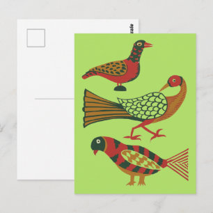 Carte Postale Oiseaux rouges et verts géométriques American Folk