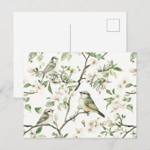 Carte Postale Oiseaux verts fleurs blanches arbre Pensée pour vo