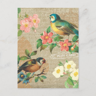 Carte Postale Oiseaux Vintages rustiques et fleurs Shabby Elégan