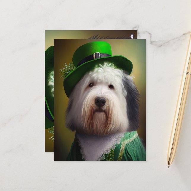Carte Postale Old English Sheepdog en tenue de la Saint-Patrick (Devant/Arrière en situation)