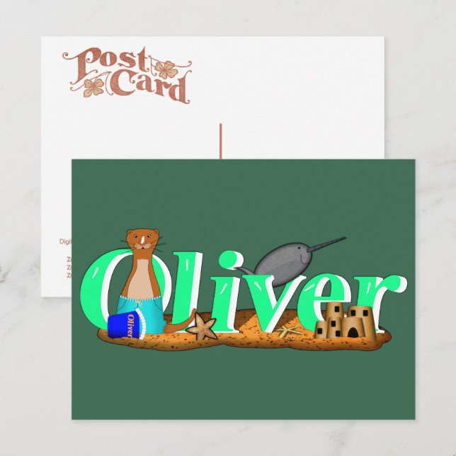 Carte Postale Oliver The Otter's à la plage (Devant / Derrière)