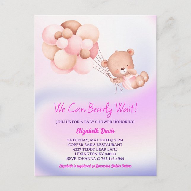 Carte Postale On Peut Attendre Le Baby shower Rose Violet Fille (Devant)