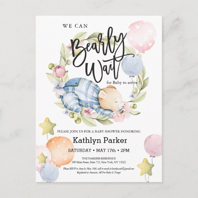 Carte Postale On Peut Attendre Le Baby shower Teddy Bear Garçon (Devant)