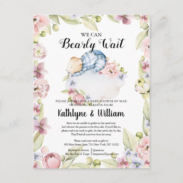 Carte Postale On Peut Attendre Le Baby shower Teddy Bear Garçon (Devant)