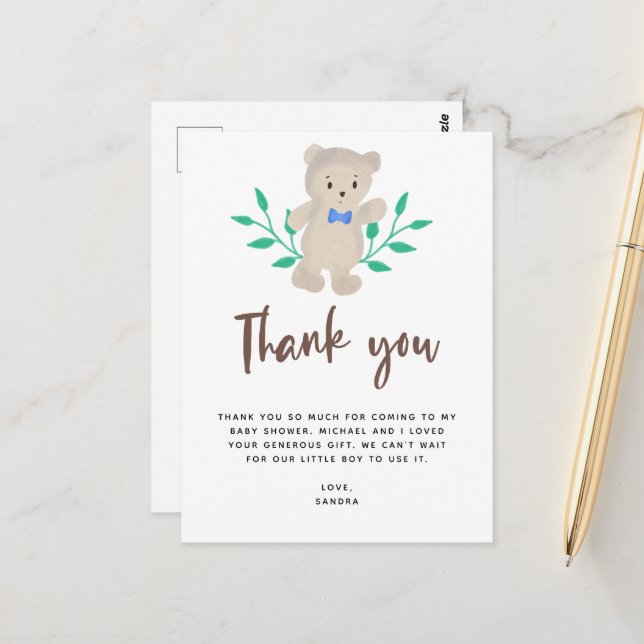 Carte Postale On peut attendre le Merci de Baby shower (Devant/Arrière en situation)