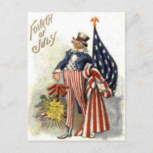 Carte Postale Oncle Sam Drapeau américain Feux d'artifice Pétard