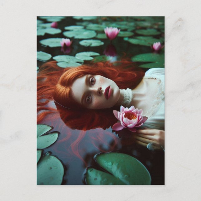 Carte Postale Ophelia aux cheveux roux dans un étang de lys (Devant)