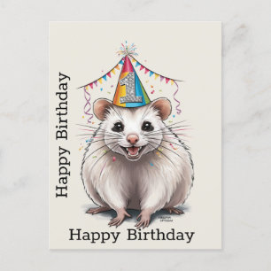 Carte Postale Opossum de Virginie portant un chapeau d'anniversa