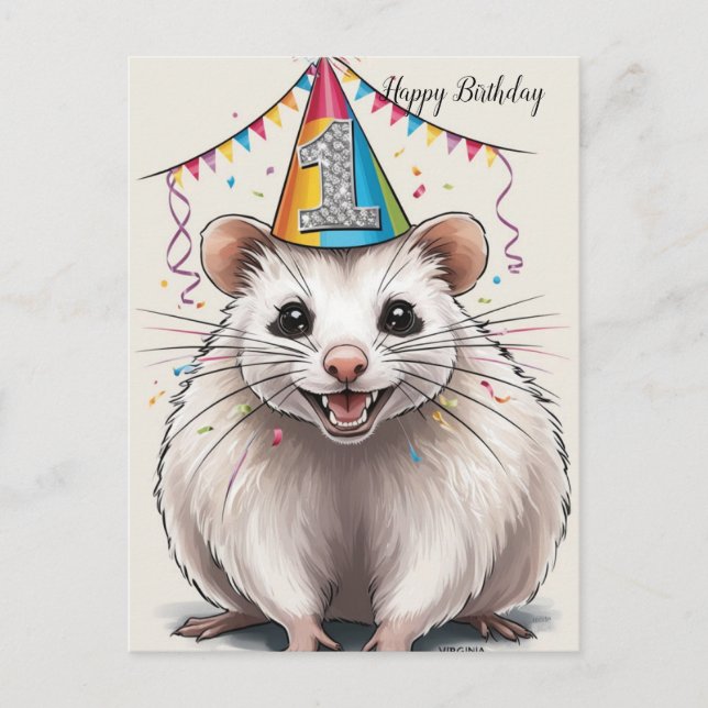 Carte Postale Opossum de Virginie portant un chapeau d'anniversa (Devant)