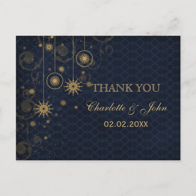Carte Postale or bleu Snowflakes Merci de mariage d'hiver (Devant)