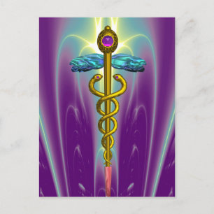 CARTE POSTALE OR CADUCUS SYMBOLE MÉDICALE VAGUES FRACTALES POURP