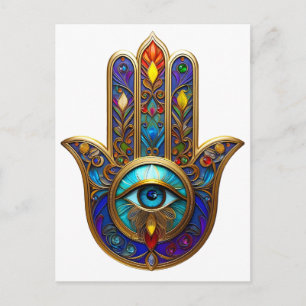 Carte Postale Or Hamsa Coloré Turquoise Saphir Troisième Œil