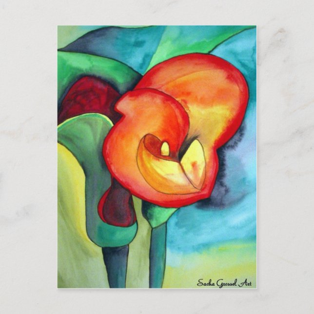 Carte Postale Orange Canna nénuphar art original aquarelle (Devant)