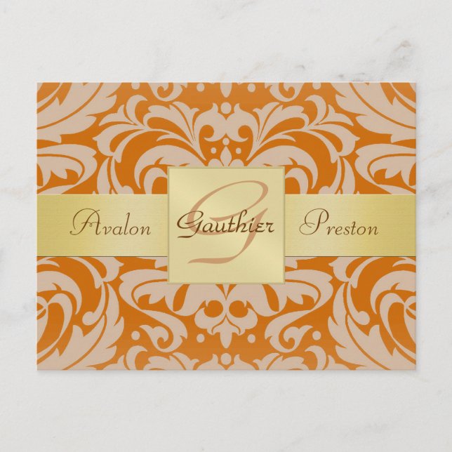 Carte postale Orange Damask Gold Monogram Save The (Devant)
