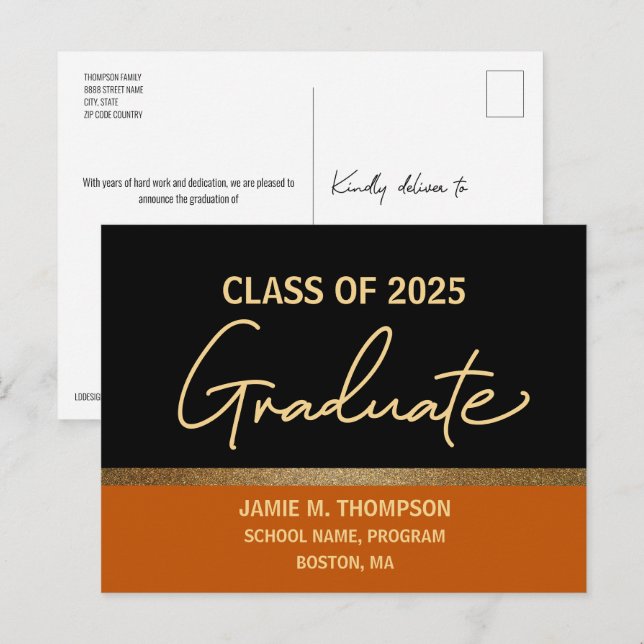 Carte Postale Orange Gold College Classe de 2025 Graduate (Devant / Derrière)