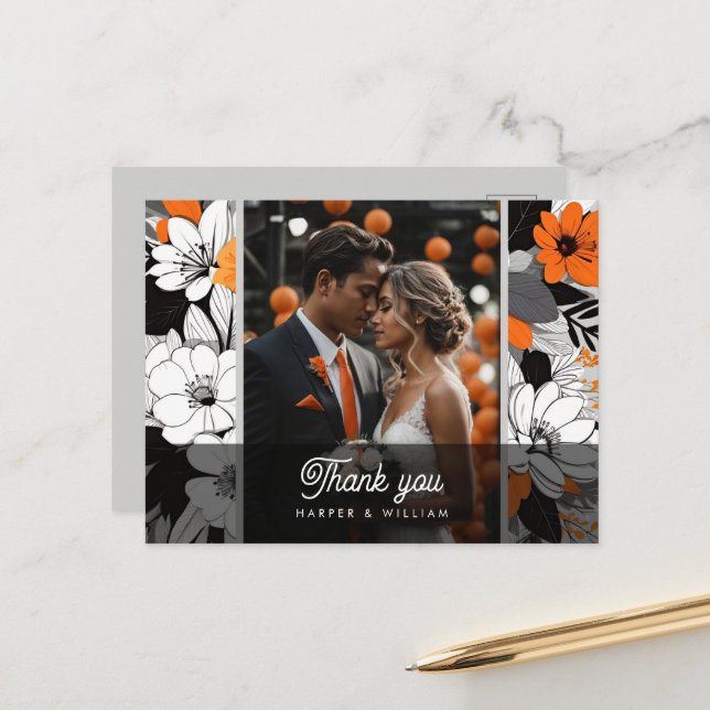 Carte Postale Orange lineart flowers mariage photo merci (Devant/Arrière en situation)