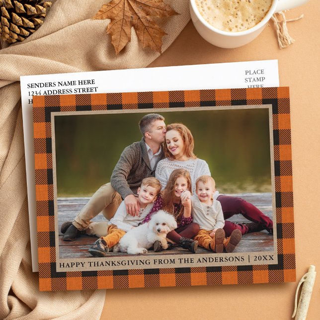 Carte Postale Orange Plaid Kraft Family Photo Bon thanksgiving (Customize to change text size or text style.)