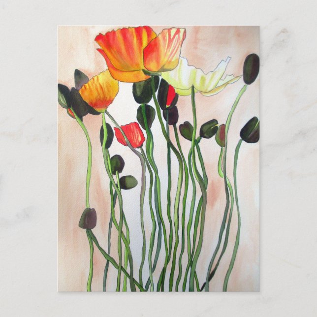 Carte Postale Orange Populaires fleurs aquarelle peinture (Devant)