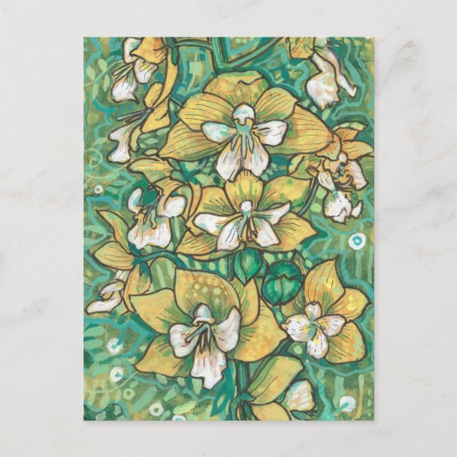 Carte Postale Orchidée Jaune Fleurs tropicales Art de peinture f (Devant)