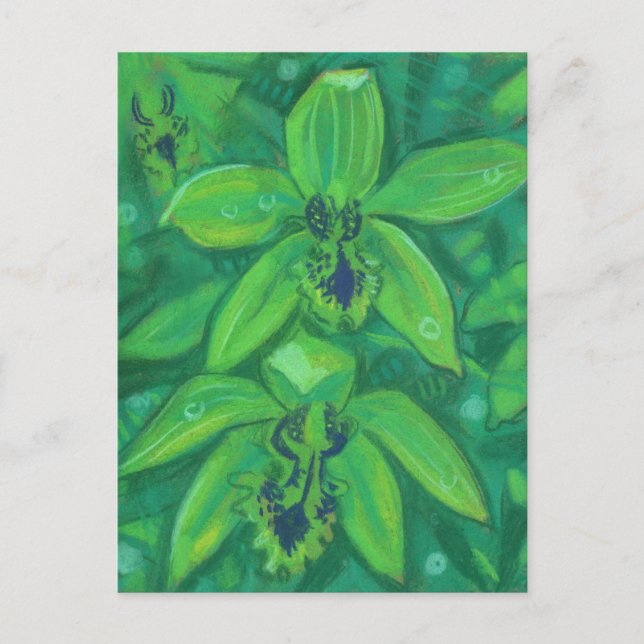 Carte Postale Orchidée verte, peinture florale à fleurs tropical (Devant)