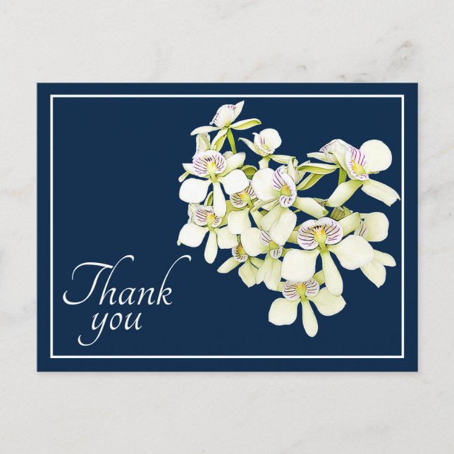 Carte Postale Orchidées à nervures blanches Fond Navy Merci (Devant)