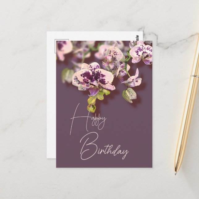 Carte Postale Orchidées Fleur tropicale Joyeux Anniversaire      (Devant/Arrière en situation)