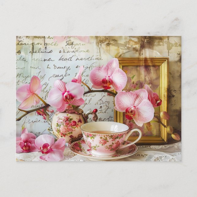 Carte Postale Orchids alongside a teacup and picture frame (Devant)
