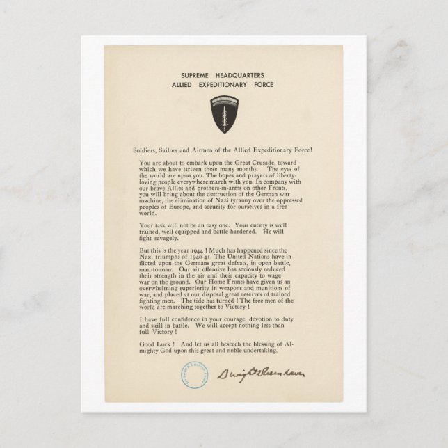 Carte Postale Ordre du jour de Dwight D. Eisenhower (1944) (Devant)