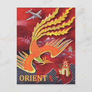 Carte Postale Orient, oiseau en vol au-dessus du temple