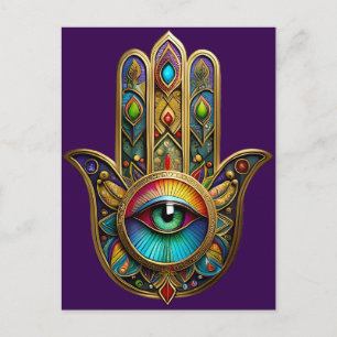 Carte Postale Orné Hamsa Coloré Or Sur Fond Rouge Troisième Œil