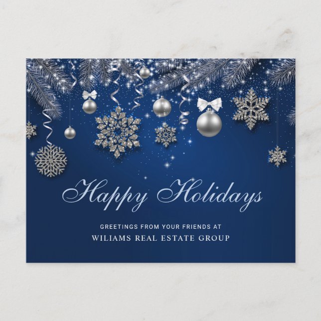 Carte Postale Ornement de Noël en argent bleu Accueil d'entrepri (Devant)