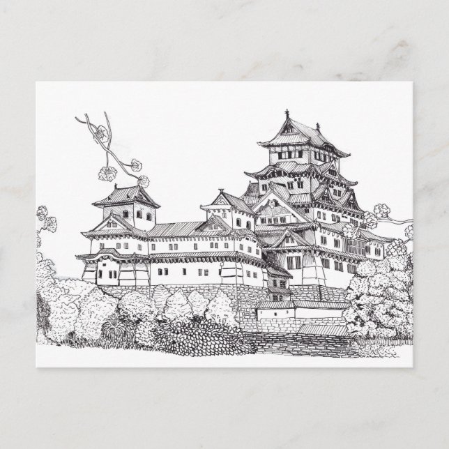 Carte Postale Osaka Castle Japon noir blanc illustration (Devant)