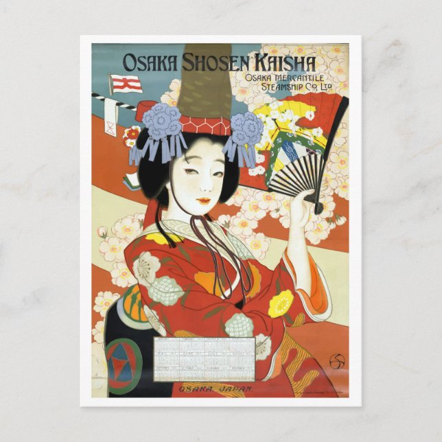 Carte Postale Osaka, Japon, geisha avec ventilateur, voyage vint (Devant)