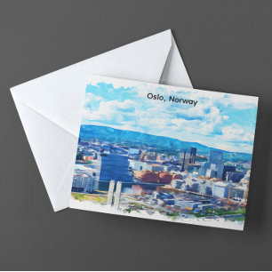 Carte Postale Oslo Norvège Peinture Aquarelle Vue panoramique