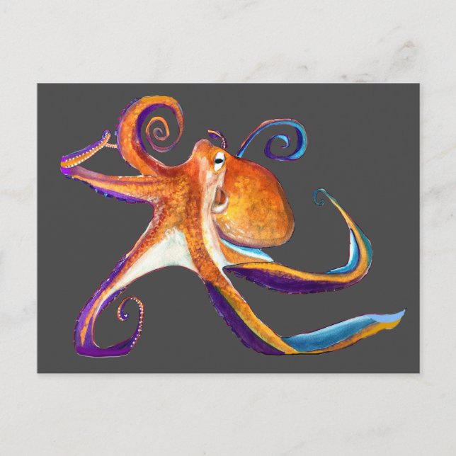 Carte Postale Otopus vie marine aquarelle art (Devant)