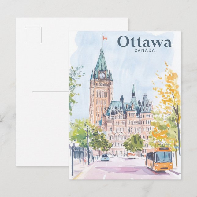 Carte Postale Ottawa Canada Illustration de peinture Gouache Voy (Devant / Derrière)