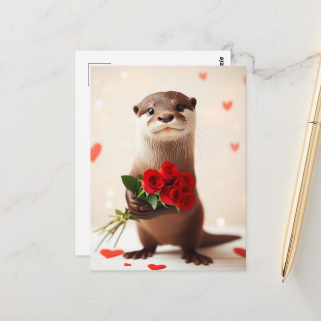 Carte Postale Otter adorable aux roses rouges (Devant/Arrière en situation)