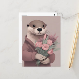 Carte Postale Otter Avec Fleurs