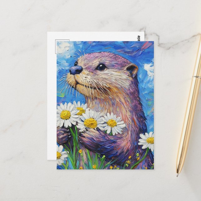 Carte Postale Otter avec marguerites (Devant/Arrière en situation)