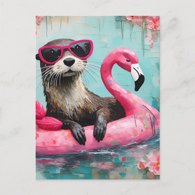 Carte Postale Otter flottant sur un Flamant rose rose drôle Coll (Devant)