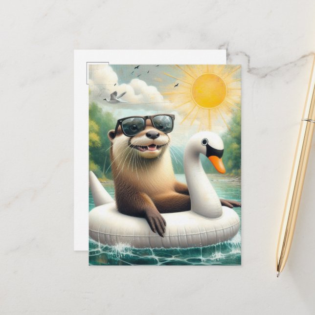 Carte Postale Otter sur un flotteur de cygne (Devant/Arrière en situation)
