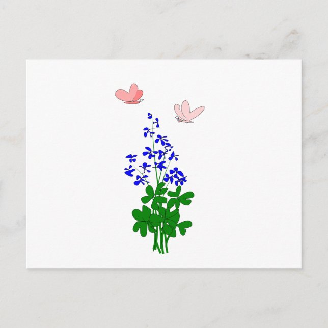 Carte Postale Oubliez-moi pas les fleurs bleu, shamrock, papillo (Devant)